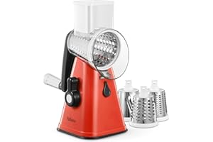 Yabano Rotary Cheese Grater, Vegetable Slicer with 3 Replaceable Stainless Steel Drum Blades, Cheese Shredder with Handle, Easy to Clean Grater for Fruit, Vegetables, Nuts, Red
