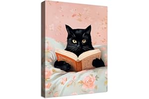 HALFLEMART Gatto Quadri Moderni Quadro Moderno Gatto nero divertente Libri di lettura Stampa su Tela Con Cornice Pittura Rosa Vintage Animal Quadri Decorazione Murale Camera da letto camera delle ragazze 30x40cm