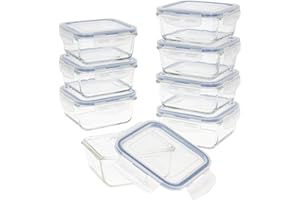 AKTIVE Max Home Pack 8 Recipientes herméticos de vidrio, Fiambrera cristal apta para microondas, Envases para comida con cierre, 550 mililitros, Tapas transparentes, Contenedor de alimentos (16538)
