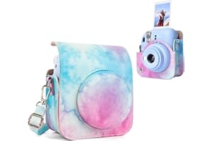 MUZIRI KINOKOO Protective Case for Fuji Instax Mini 12, Premium PU Leather Polaroid Mini 12 Carrying Case with Adjustable Shoulder Strap - Blue & Pink