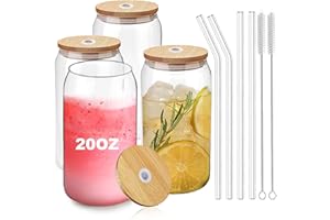 D.M DESIGN·MASTER [4 Pack/590ml] Design•Master Premium Glass Cup with Bamboo Lids and Glass Straws, Can Shaped Beer Glasses, Perfect for Beer, Cocktail, Iced Coffee, Iced Tea and Soda.
