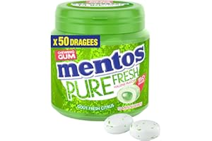 MENTOS GUM Chewing-Gum Mentos Pure Fresh Citrus sans Sucres Parfum Citron Ultra Gourmand/Menthe Fraîche Dure Longtemps Boîte de 50 Dragées, 100 g
