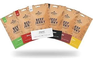 ‎GRIZZLY FOODS Grizzly Foods • Beef Jerky Probierpaket mit 6 Sorten (6 x 50g) • Trockenfleisch von deutschen Rindern • High Protein Snack • Ideal für Unterwegs, Büro, Sport