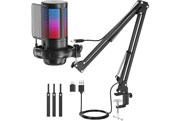 njsj USB Micro Gaming kit, RGB Microphone Condensateur pour PC PS5, avec Bouton de Silence, Fixation Antichoc, Support Trépied, Filtre Anti-Pop, pour Streaming Podcasts (Noir-avec Bras de bôme)