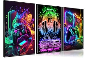 Dekorativa väggaffischer, 3 stycken, cool, retro, akvarell, tv-spel, gaming, bilder, färgglad, neon, kanvas, målning, tryck