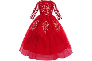 IWEMEK Fleur Filles Robe De de Soirée Maxi 3/4 Manches Paillettes Volants Tulle Dentelle Princesse Robes de Mariage Demoiselle d'honneur Communion Anniversaire Fête Noël Carnaval