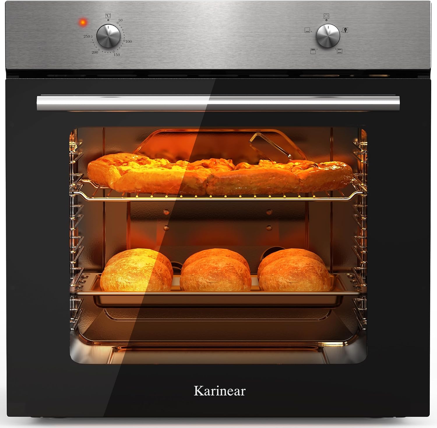 Karinear Electric Oven 65L Single Oven Built in Oven Knob Control wtih 5 Functions 2200W Plug and Play 220V Silver 60cm Wide