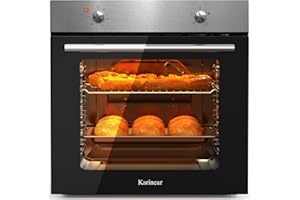Karinear Einbaubackofen 60 cm mit Drehknopfsteuerung, Backofen Einbaugerät 60 x 60 cm mit 4 Programmen, 50-250 °C mit Edelstahlplatte, Einbauofen mit Stecker, 2200W, 65L