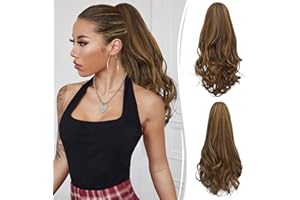 RUWISS Doble Uso Clip Extensión Cola de Caballo Largo Ondulado Rizado Coleta Postiza Sintética Ponytail Postizos con Pinza de Aspecto Natural para Mujere 45cm,Marrón con Reflejos Dorados Cobrizos