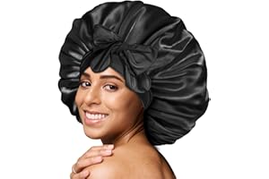 BONNET QUEEN Satin Hair Bonnet for Sleeping Silk Head Cover with Tie Band Hair Wrap Silk Sleep Cap for Curly Long Braid Tresse, Black