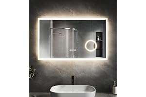 ‎SVNR SVNR badezimmerspiegel mit beleuchtung - 100 x 60 cm spiegel mit beleuchtung, Wandmontierter Multifunktionaler Badezimmerspiegel, R10-Abgeschrägte Kante, Uhr, Antibeschlag, LED-Smart-Spiegel