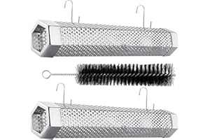 TINMIX Pellet Smoker Tube for Grilling, 12 Inch Premium Stainless Steel BBQ Wood Pellet Tube Smoker for Gas Charcoal Grill, Hexagonal with 2 S-shaped Hooks and 1 Cleaning Brush