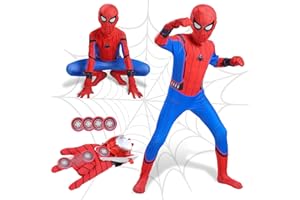 Heartsking Costume Spider Bambino, 3-12 Anni con Spara Ragnatele Maschera Supereroe 3D Costume da Anime Bambini Completo Regalo ragazzo per Halloween Carnevale Natale Compleanno Cosplay