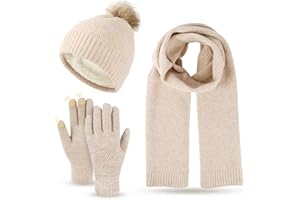 WingFly Donna Cappello con Pompom Sciarpa e Guanti Touch Screen Unisex Invernali Berretto in Maglia con Sciarpa Beanie 3 Pezzi Regalo Natale per Uomo Donna