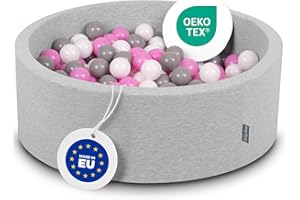 KiddyMoon 90X30cm/300 Balls ∅ 7Cm / 2.75In Baby Foam Ball Pit Made In EU, Light Grey:Grey/White/Pink