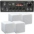 SMART HOME BLUETOOTH SPEAKER SYSTEM – 4x 80W White Bookshelf Speakers & 110W Wireless Compact Amplifier *ECHO/ALEXA* - Café, Bar, Restaurant, Home Cinema Surround Sound, Mini Amp Audio HiFi Kit