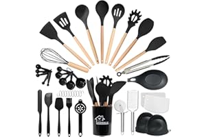 Bestdin Set di utensili da cucina in silicone, set di 43 utensili da cucina con manico in legno, set di utensili da cucina antiaderenti, set di utensili da cucina in silicone resistente al calore,