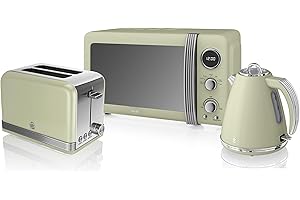 Retro Kitchen Pack by Swan - Digital Microwave 800w 20L, Jug Kettle 1.5L and Toaster - 3 Appliances for A Modern Kitchen Design (Microwave - 2 Slice Toaster - Kettle, Green)
