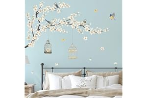 decalmile Adesivi da parete con fiori di ciliegio bianchi, adesivi da parete, con fiori e uccelli su ramo, albero decorazione da parete, camera da letto, soggiorno, ufficio