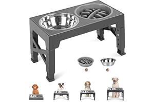 OSKUGLIN Comedero Elevado para Perros con 4 Alturas Ajustables, Soporte para Bowls con 2 Cuencos de Acero Inoxidable, Antideslizante y comedero de alimentación Lenta, para Perros pequeños, medianos y Grandes