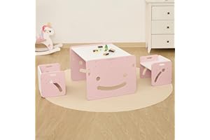 FUNLIO Set Tavolo e 2 Sedia Montessori per Bambini 1-3 Anni, Altezza Regolabile, Ideale per Leggere/Mangiare/Giocare, Montaggio Semplice, Certificato CPC - Rosa