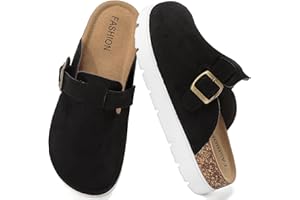FOINLEDR Women's Suede Platform Clogs with Cork Footbed, Closed Toe Sandals with Adjustable Buckle, Mules Anti Slip On, Comfort Potato Shoes Footwear, Memory Foam Slippers Outdoor