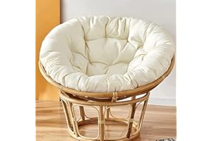 Deconation Fauteuil Papasan en Rotin Beige - Chaise pour Extérieur Ou Intérieur - Coussin Blanc Cassé - D 110 Cm X H 90 Cm