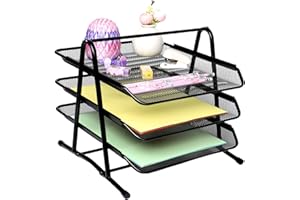 HMXLJJY Metal Mesh Desk Organiser, 3-Tier Letter Tray Office Filing Trays Holder, Stackable Document Organiser, Stacking Supports Document Filing Trays for Home Office School,Black
