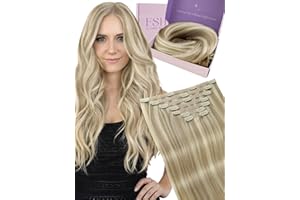 Fshine Unsichtbar Clip in Extensions Echthaar 45 cm, 7 Stücke 120 g, Aschblond mit goldblonden Strähnen, Hair Extensions Clip in, Farbe 16P22