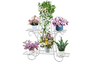 CarolynDesign 6-poziomowe stojaki na rośliny do użytku wewnątrz i na zewnątrz, stojak na doniczki na kwiaty, regał na wiele roślin, biały metalowy stojak na rośliny do patio
