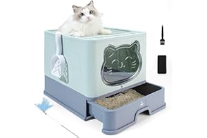 HelloMiao W pełni zamknięta toaleta dla kotów z pokrywą szufladą typu deodoryzująca kota śmiecionka Duża składana toaleta dla kotów z plastikową łopatą (Niebieski szary)
