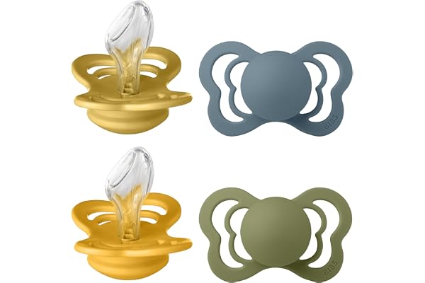 Tétine BIBS Couture. Lot de 4 sucettes. Sans bisphénol A, Téterelle anatomique. Silicone, Fabriqué au Danemark, Taille 2 (6-18 mois), Mustard Mix