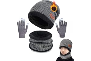 CheChury Kids Knitted Beanie Hat Circle Scarf and Gloves Set Super Soft Fleece Inner Lining Warm Hat Neck Warmer and Gloves Set for Outdoor,3-11 Years old