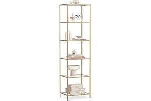 ‎VASAGLE VASAGLE Regal mit 6 Ablagen, Badregal, gehärtetes Glas, einfache Montage, für Badezimmer, Wohnzimmer, Küche, Büro, transparent-metallisches Gold LGT500A01