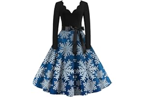 JKJFJKA Damen Weihnachten Kleider Elegant Lässig Lose Langärmelig Cocktail Kleid Trendig Druck Rüsche V-Ausschnitt Kleider Mit Gürtel Kleid Weihnachten Damen