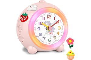SOCICO Réveil analogique pour enfant - Design licorne - Silencieux - Sans tic-tac - Mignon - Pêche - Avec lumière colorée - Volume réglable (rose pâle)