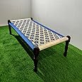 FURNWEAVE Solid Sheesham Wood Handmade Rajasthani Charpai | Cotton Rope Khatiya Charpai Single Bed Without Storage| Wooden Cot Bed | Khatiya-Khaat| 6X3 Feet | Color - White and Blue