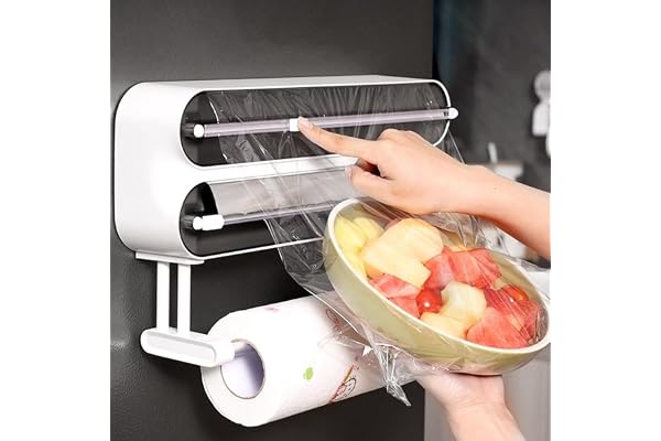 3-i-1 plastfoliedispenser, magnetisk foliedispenser med skärare, dispenser och dispenser, väggrullehållare kök, folieskärare, hushållspappershållare utan borrning