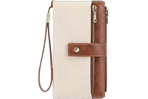 NEWIROVE Cartera Mujer Grande Monedero Piel PU Vintage Billetera con Cremallera Y Correa Extraíble RFID Carteras De Mujer con 24 Ranuras para Tarjetas Regalos para Mujer Señoras, Marrón & Blanco