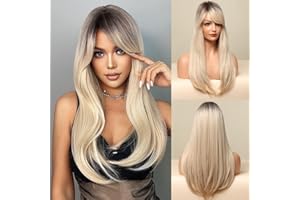 DAJASD Blond peruka damska, długa, prosta peruka blond, brązowe blond ombre, bob peruki dla kobiet, ombre, ciemny root blond, przedziałek z boku, naturalne syntetyczne włosy do cosplay, na imprezę