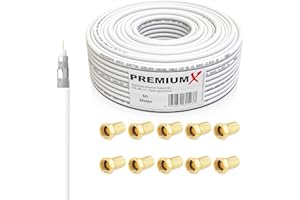 PREMIUMX Premium X BASIC Cavo coassiale da 50m - Ricezione perfetta con schermatura in alluminio quadrupla 135dB - Compatibile con DVB-S / S2, DVB-C, DVB-T, BK impianti - Inclusi 10 connettori F