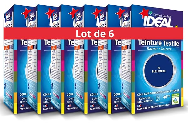 IDEAL - Teinture Tissus Liquide Mini 07 Bleu Marine - 40 ml + 1 Dose de Fixateur 50 g - Teinture Textile Longue Tenue - Coton, Lin, Soie, Viscose - Efficace dès 40°C - Fabrication Française - Lot de 6