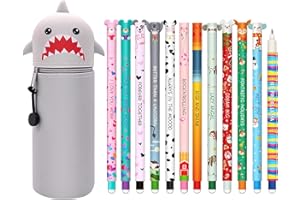 CARXLYTHIC Lot de 12 stylos gel effaçables + Kawaii Trousse Ecole 2 en 1 Requin + marque-page, Noël Erasable Ink Pens avec encre effaçable thermosensible, 0,7 mm