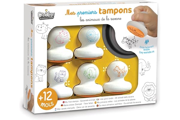 Créa Lign | Mes Premiers Tampons Animaux de la Savane | Coffret Créatif pour Tout-Petits dès 12 Mois | 5 Tampons en Mousse + 1 Encreur Lavable | Développe la Motricité Fine et la Créativité