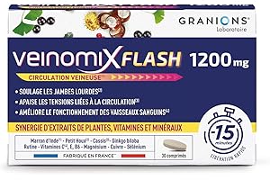 GRANIONS | VEINOMIX FLASH | Hémorroïdes, circulation veineuse, jambes lourdes | Libération Flash 15 min | Marronnier d'Inde + Petit Houx + Ginkgo Biloba + Cassis | 30 comprimés