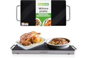 NutriChef Warmhalteplatte Elektrisch – 50,8 x 30,5 cm Glas-Kochplatte mit Griffen für Speisen, Für Buffet, Küche, Party & Catering-Einsatz