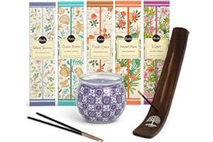 COMPRILIA Set de Incienso Natural 100 Varillas (5 Aromas Diferentes) + Vela perfumada + Quemador de Incienso de Madera – Kit Regalo aromaterapia Fabricado en India para meditación y relajación en casa