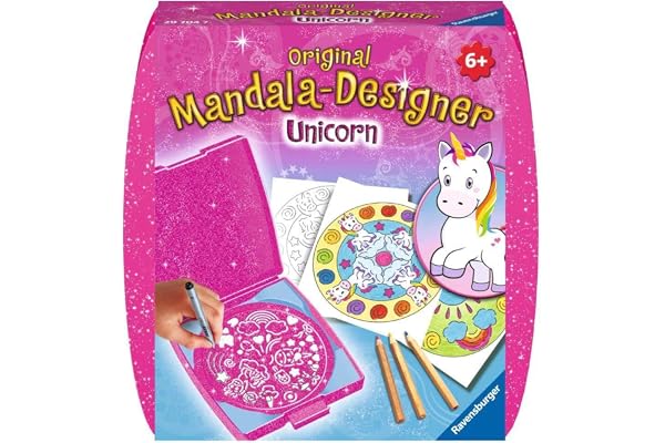 Ravensburger 29704 - Mandala Designer - Mini - Dessin - Loisir créatif - Kit Voyage - Pochoir - Licorne - Unicorn - Activité créative - Enfant - Dès 6 Ans, Blanc