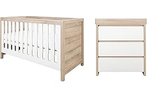 Tutti Bambini Modena Nursery Furniture Set (2 Piece) | Convertible Baby Cot Bed and Chest of Drawers Changer | Solid Wood Furniture (Oak & White)