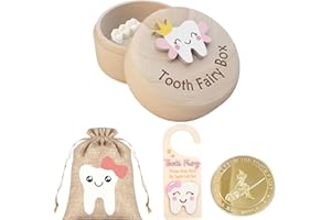 Vyqrx Tooth Fairy Kit 4-Piece Set - with Wooden Tooth Box Keepsake, Pouch, Door Hanger & Coin - Lost Tooth Gift for Girls (Pink)